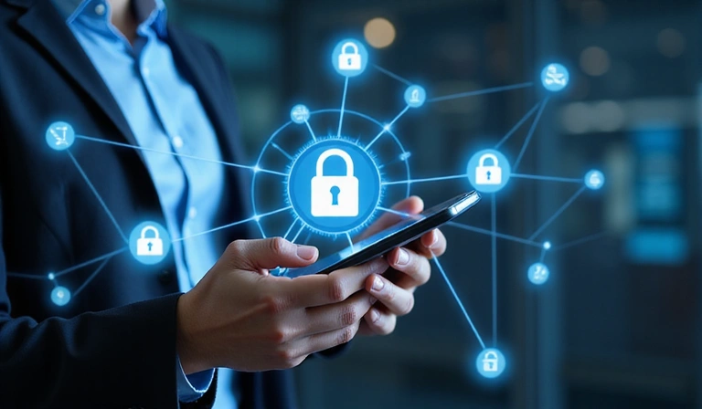 Eine Person, die ein Smartphone benutzt, mit stilisierten Datenflüssen und Sicherheitssymbolen im Hintergrund, die zeigen, wie Informationen sicher übermittelt werden.