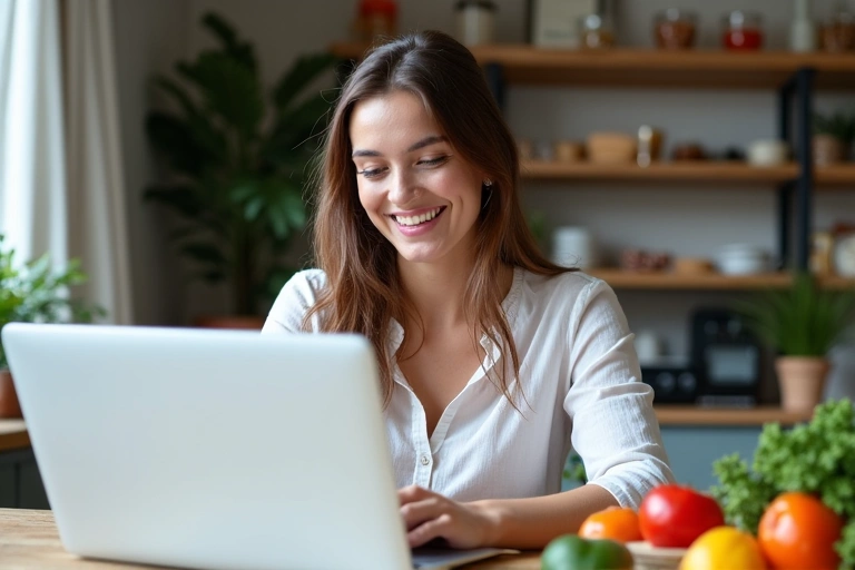 Eine Frau sitzt vor einem Laptop und lächelt, während sie eine Online-Beratung erhält. Im Hintergrund sind gesunde Lebensmittel zu sehen.