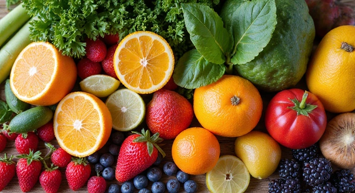 Verschiedene Obst- und Gemüsesorten für Mikronährstoffe